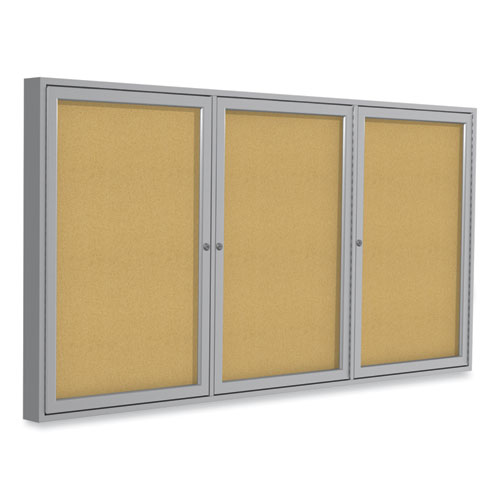 Ghent 3 Door Enclosed Natural Cork Bulletin Board with Satin Aluminum Frame, 72 x 48, Tan Surface, Ships in 7-10 Business Days