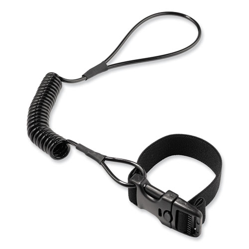 ergodyne® Squids 3157 Coiled Lanyard with Buckle, 2 lb Max Working Capacity, 12" to 48" Long, Black, Ships in 1-3 Business Days