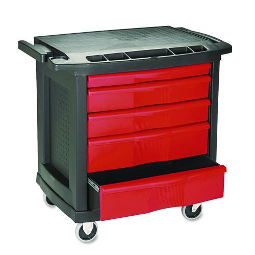 Image of Rubbermaid® Commercial Five-Drawer Mobile Workcenter, 32.63W X 19.9D X 33.5H, Black Plastic Top