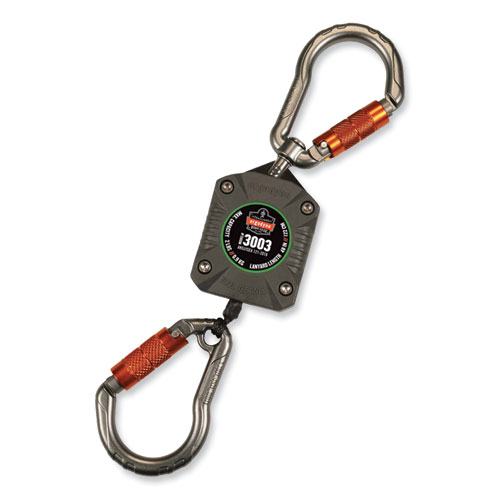 Ergodyne® Squids 3003 Retractable Lanyard With Two Carabiners, 2 Lb Max Working Capacity, 8" To 48", Gray, Ships In 1-3 Business Days