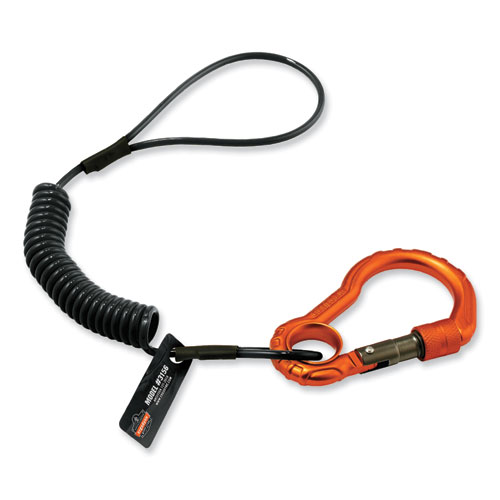 Image of Ergodyne® Squids 3156 Coiled Tool Lanyard With Carabiner, 2 Lb Max Work Capacity, 12" To 48", Black/Orange, Ships In 1-3 Business Days