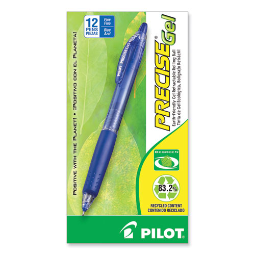 Precise Gel BeGreen Gel Pen, Retractable, Fine 0.7 mm, Blue Ink, Translucent Blue Barrel, Dozen