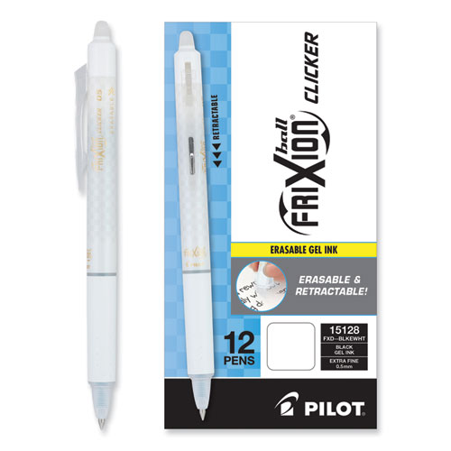 Image of Pilot® Frixion Clicker Design Erasable Gel Pen, Retractable, Extra-Fine 0.5 Mm, Black Ink, White Barrel, Dozen