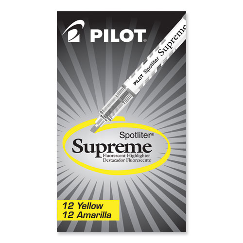 Image of Pilot® Spotliter Supreme Highlighter, Fluorescent Yellow Ink, Chisel Tip, Yellow/White Barrel, Dozen