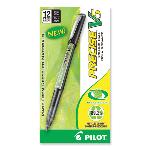 Precise V5 BeGreen Roller Ball Pen, Stick, Extra-Fine 0.5 mm, Black Ink, Black Barrel, Dozen