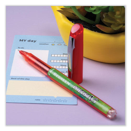 Precise V5 BeGreen Roller Ball Pen, Stick, Extra-Fine 0.5 mm, Red Ink, Red Barrel, Dozen