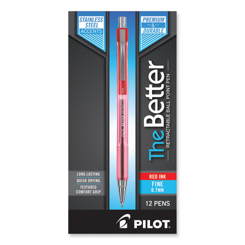 Better Ballpoint Pen, Retractable, Fine 0.7 mm, Red Ink, Translucent Red Barrel, Dozen