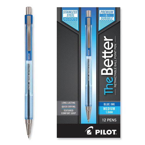 Better Ballpoint Pen, Retractable, Medium 1 mm, Blue Ink, Translucent Blue Barrel, Dozen