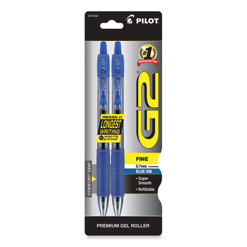 G2 Premium Gel Pen, Retractable, Fine 0.7 mm, Blue Ink, Smoke/Blue Barrel, 2/Pack
