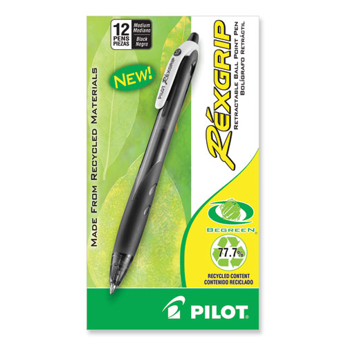 Image of Pilot® Rexgrip Begreen Ballpoint Pen, Retractable, Medium 1 Mm, Black Ink, Black Barrel, Dozen