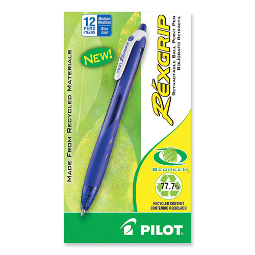Image of Pilot® Rexgrip Begreen Ballpoint Pen, Retractable, Medium 1 Mm, Blue Ink, Blue Barrel, Dozen