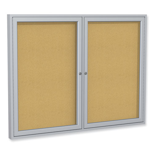 2 Door Enclosed Natural Cork Bulletin Board with Satin Aluminum Frame, 60 x 36, Tan Surface, Ships in 7-10 Business Days