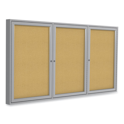 Ghent 3 Door Enclosed Vinyl Bulletin Board with Satin Aluminum Frame, 72 x 48, Silver Surface, Ships in 7-10 Business Days