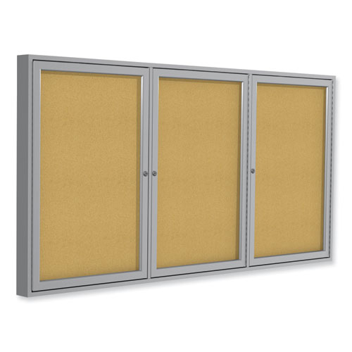 3 Door Enclosed Natural Cork Bulletin Board with Satin Aluminum Frame, 96 x 48, Tan Surface, Ships in 7-10 Business Days