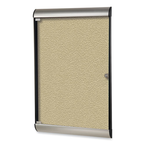 Ghent Silhouette 1 Door Enclosed Caramel Vinyl Bulletin Board with Satin/Black Frame, 27.75 x 42.13, Ships in 7-10 Business Days