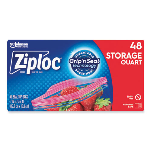 Ziploc® Double Zipper Storage Bags, 1 Qt, 1.75 Mil, 9.63" X 8.5", Clear, 48/Box