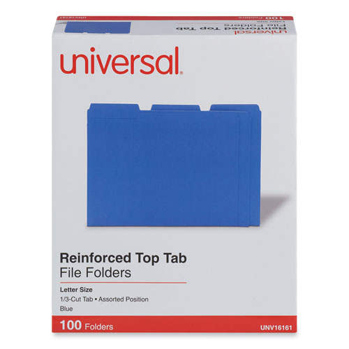 Image of Universal® Reinforced Top-Tab File Folders, 1/3-Cut Tabs: Assorted, Letter Size, 1" Expansion, Blue, 100/Box