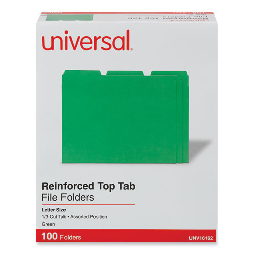 Universal® Reinforced Top-Tab File Folders, 1/3-Cut Tabs: Assorted, Letter Size, 1" Expansion, Green, 100/Box