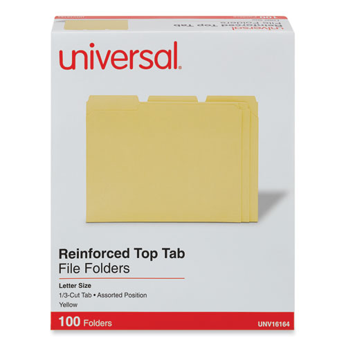 Image of Universal® Reinforced Top-Tab File Folders, 1/3-Cut Tabs: Assorted, Letter Size, 1" Expansion, Yellow, 100/Box
