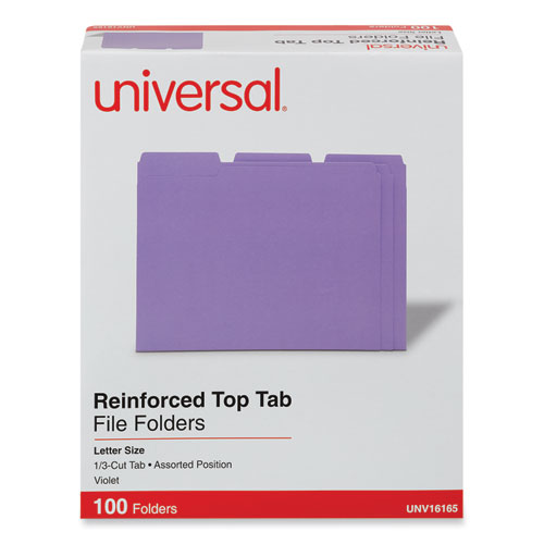 Image of Universal® Reinforced Top-Tab File Folders, 1/3-Cut Tabs: Assorted, Letter Size, 1" Expansion, Violet, 100/Box