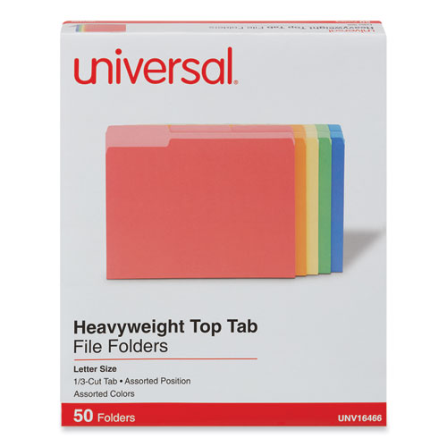 Universal® Deluxe Heavyweight File Folders, 1/3-Cut Tabs: Assorted, Letter Size, 0.75" Expansion, Assorted Colors, 50/Box