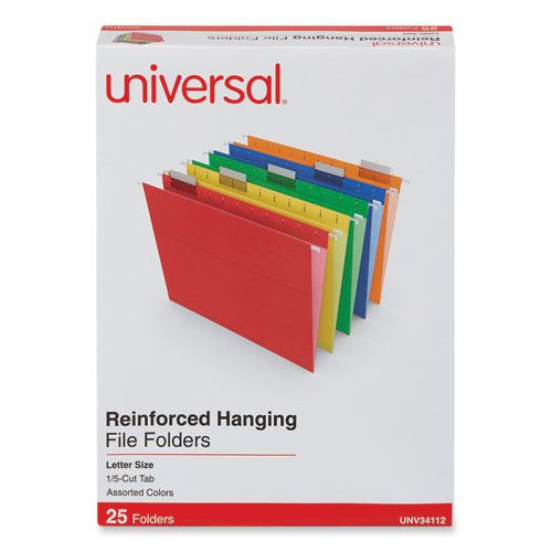 Universal® Deluxe Reinforced Recycled Hanging File Folders, Letter Size, 1/5-Cut Tabs, Assorted, 25/Box
