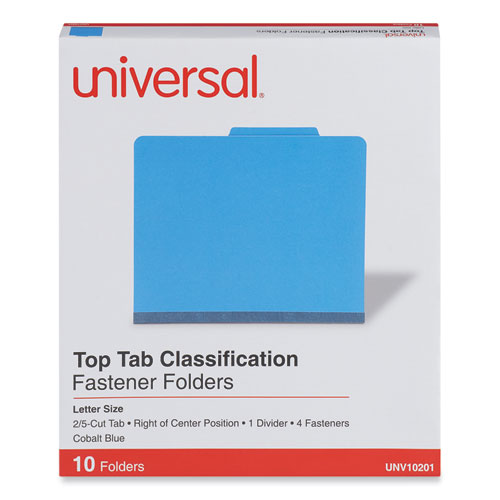 Universal® Bright Colored Pressboard Classification Folders, 2" Expansion, 1 Divider, 4 Fasteners, Letter Size, Cobalt Blue, 10/Box