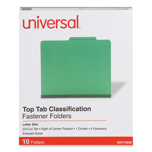 Universal® Bright Colored Pressboard Classification Folders, 2" Expansion, 1 Divider, 4 Fasteners, Letter Size, Emerald Green, 10/Box