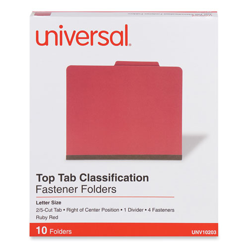Universal® Bright Colored Pressboard Classification Folders, 2" Expansion, 1 Divider, 4 Fasteners, Letter Size, Ruby Red, 10/Box