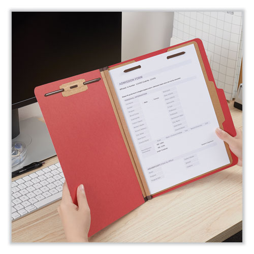 Image of Universal® Bright Colored Pressboard Classification Folders, 2" Expansion, 1 Divider, 4 Fasteners, Letter Size, Ruby Red, 10/Box