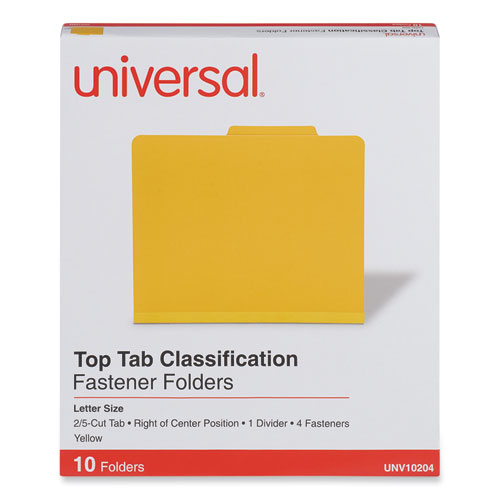 Universal® Bright Colored Pressboard Classification Folders, 2" Expansion, 1 Divider, 4 Fasteners, Letter Size, Yellow Exterior, 10/Box