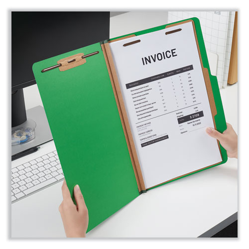 Image of Universal® Bright Colored Pressboard Classification Folders, 2" Expansion, 1 Divider, 4 Fasteners, Legal Size, Emerald Green, 10/Box
