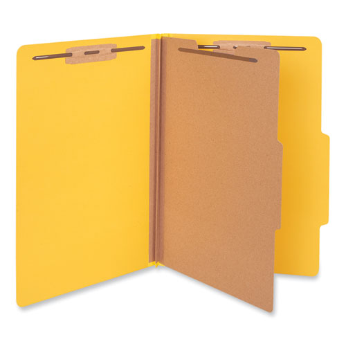 Universal® Bright Colored Pressboard Classification Folders, 2" Expansion, 1 Divider, 4 Fasteners, Legal Size, Yellow Exterior, 10/Box