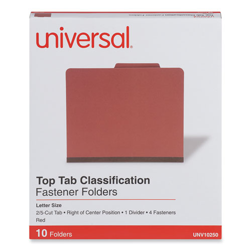 Image of Universal® Four-Section Pressboard Classification Folders, 2" Expansion, 1 Divider, 4 Fasteners, Letter Size, Red Exterior, 10/Box