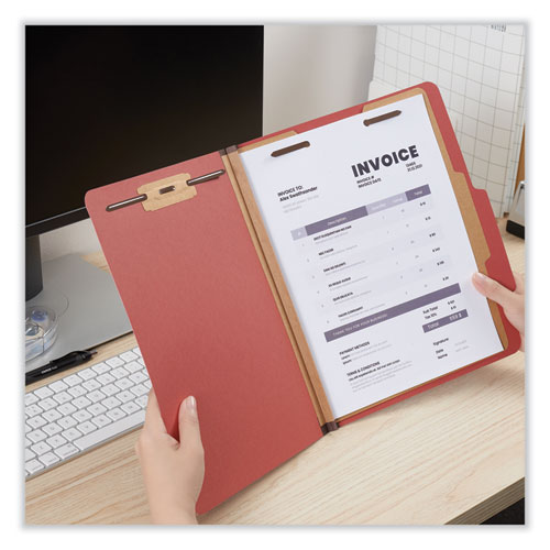 Image of Universal® Four-Section Pressboard Classification Folders, 2" Expansion, 1 Divider, 4 Fasteners, Letter Size, Red Exterior, 10/Box