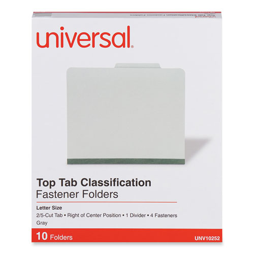 Four-Section Pressboard Classification Folders, 2" Expansion, 1 Divider, 4 Fasteners, Letter Size, Gray Exterior, 10/Box