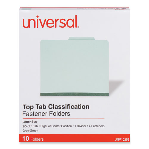 Image of Universal® Four-Section Pressboard Classification Folders, 2" Expansion, 1 Divider, 4 Fasteners, Letter Size, Gray-Green, 10/Box