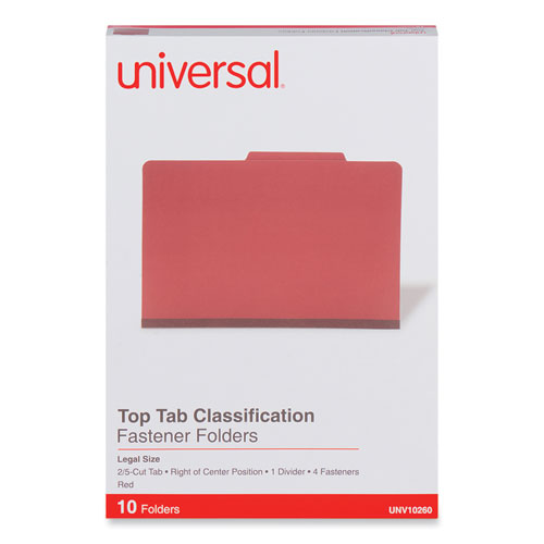 Universal® Four-Section Pressboard Classification Folders, 2" Expansion, 1 Divider, 4 Fasteners, Legal Size, Red Exterior, 10/Box