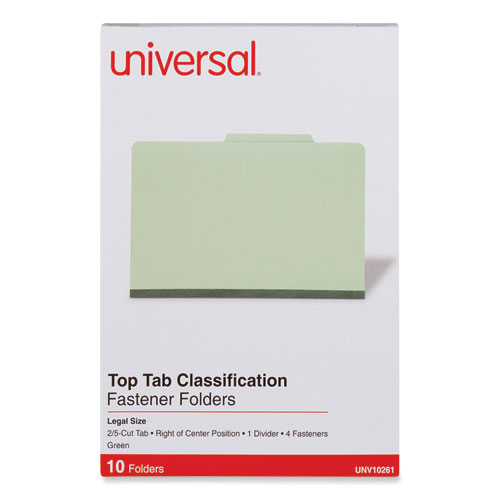 Image of Universal® Four-Section Pressboard Classification Folders, 2" Expansion, 1 Divider, 4 Fasteners, Legal Size, Green Exterior, 10/Box