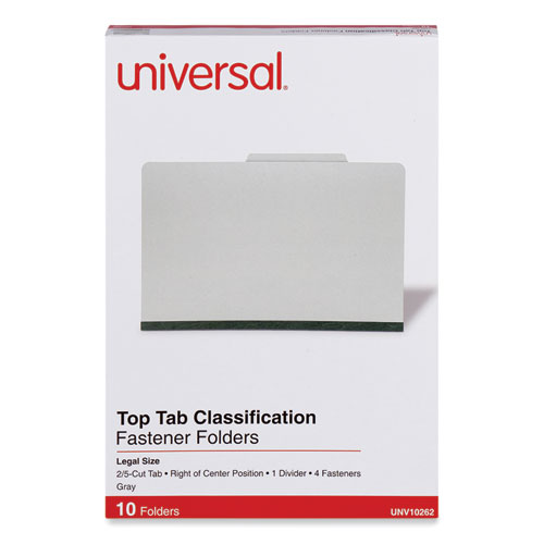 Image of Universal® Four-Section Pressboard Classification Folders, 2" Expansion, 1 Divider, 4 Fasteners, Legal Size, Gray Exterior, 10/Box