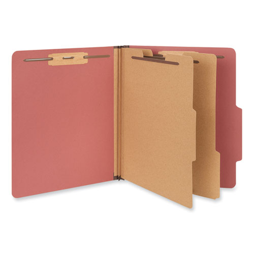 Image of Six-Section Pressboard Classification Folders, 2" Expansion, 2 Dividers, 6 Fasteners, Letter Size, Red Exterior, 10/Box