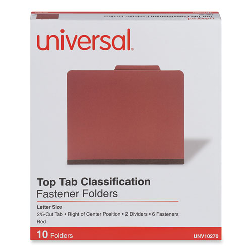 Universal® Six-Section Pressboard Classification Folders, 2" Expansion, 2 Dividers, 6 Fasteners, Letter Size, Red Exterior, 10/Box