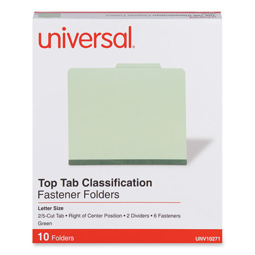 Universal® Six-Section Pressboard Classification Folders, 2" Expansion, 2 Dividers, 6 Fasteners, Letter Size, Green Exterior, 10/Box
