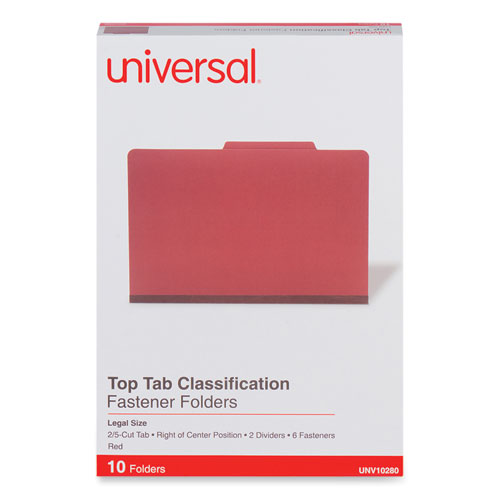 Universal® Six-Section Pressboard Classification Folders, 2" Expansion, 2 Dividers, 6 Fasteners, Legal Size, Red Exterior, 10/Box