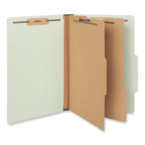 Image of Universal® Six-Section Pressboard Classification Folders, 2" Expansion, 2 Dividers, 6 Fasteners, Legal Size, Green Exterior, 10/Box