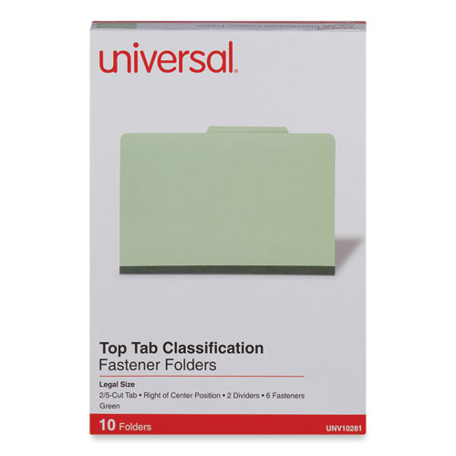 Universal® Six-Section Pressboard Classification Folders, 2" Expansion, 2 Dividers, 6 Fasteners, Legal Size, Green Exterior, 10/Box