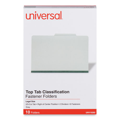 Image of Universal® Six-Section Pressboard Classification Folders, 2" Expansion, 2 Dividers, 6 Fasteners, Legal Size, Gray Exterior, 10/Box