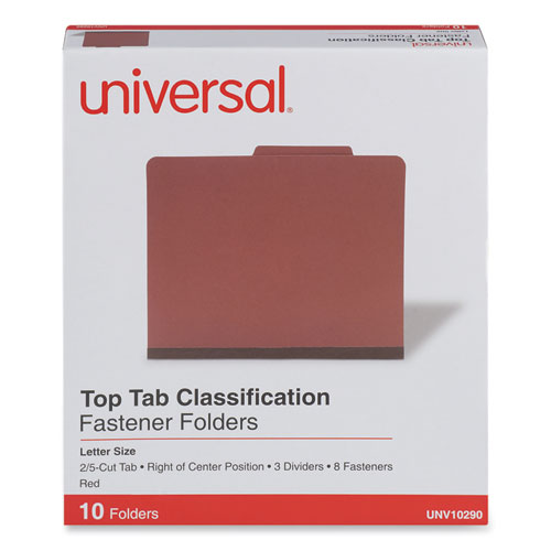 Eight-Section Pressboard Classification Folders, 3" Expansion, 3 Dividers, 8 Fasteners, Letter Size, Red Exterior, 10/Box