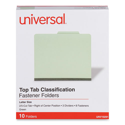 Universal® Eight-Section Pressboard Classification Folders, 3" Expansion, 3 Dividers, 8 Fasteners, Letter Size, Green Exterior, 10/Box