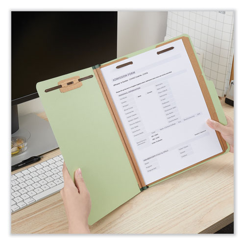 Image of Universal® Eight-Section Pressboard Classification Folders, 3" Expansion, 3 Dividers, 8 Fasteners, Letter Size, Green Exterior, 10/Box